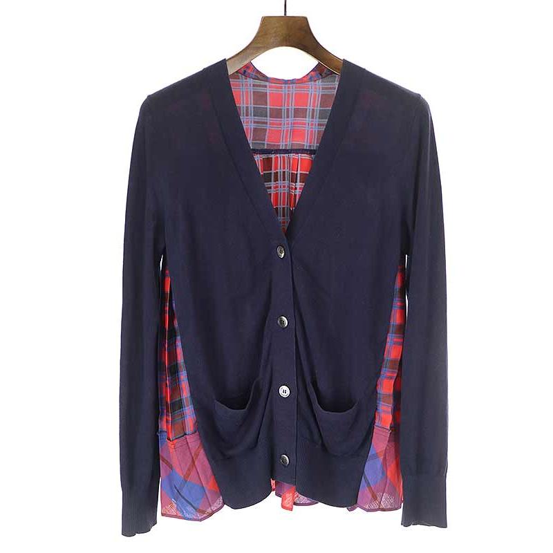 sacai サカイ 18SS チェックプリーツ切替ニットカーディガン ネイビー