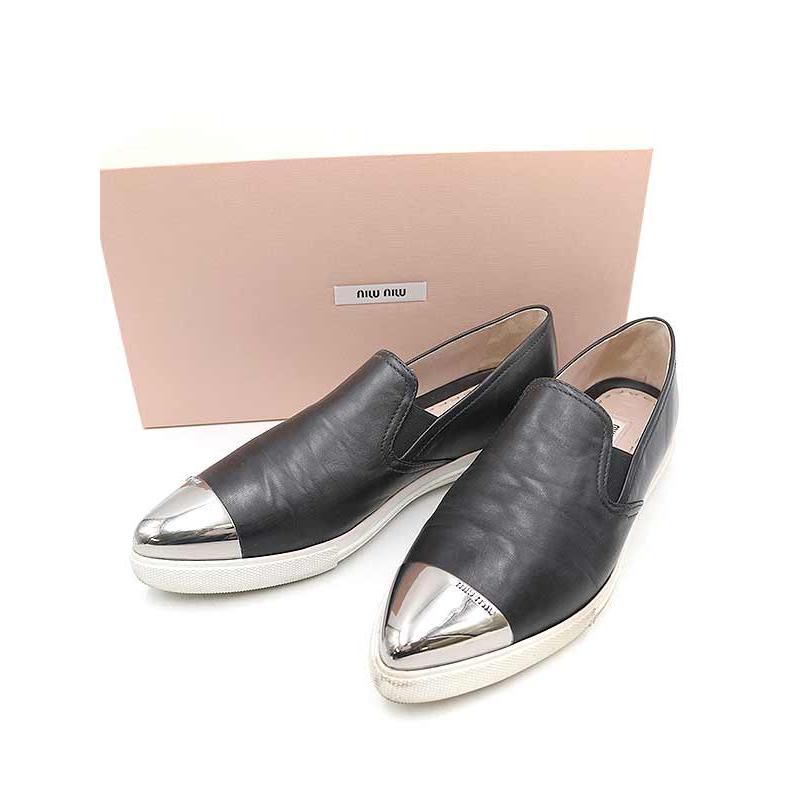 miu miu ミュウミュウ メタルトゥレザースリッポンスニーカー ブラック
