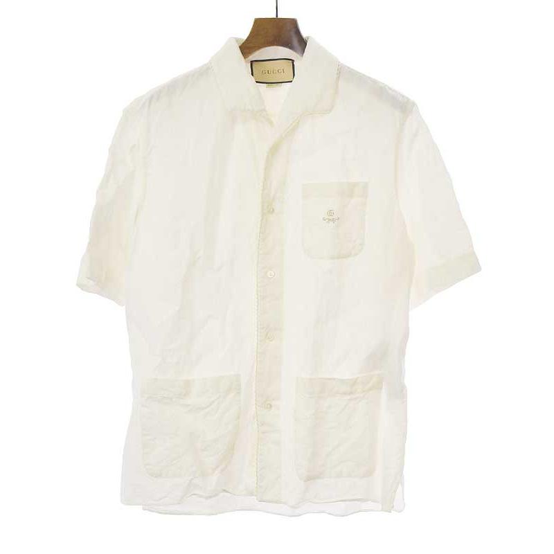 GUCCI（グッチ） 23SS ダブルG刺繍リネン半袖シャツ ホワイト 48