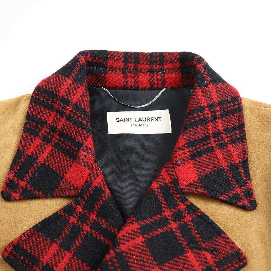 サンローランパリスエード切替チェック柄Pコート48