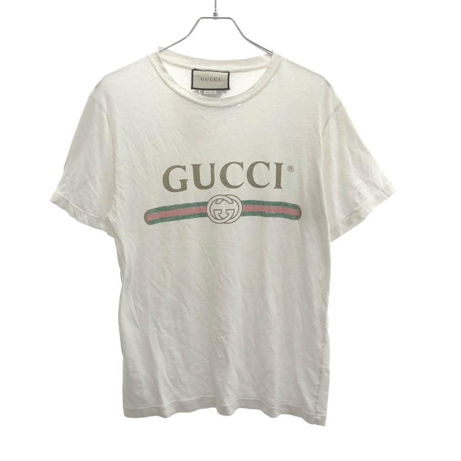 GUCCI（グッチ） フラワーアップリケ ロゴプリントTシャツ ホワイト