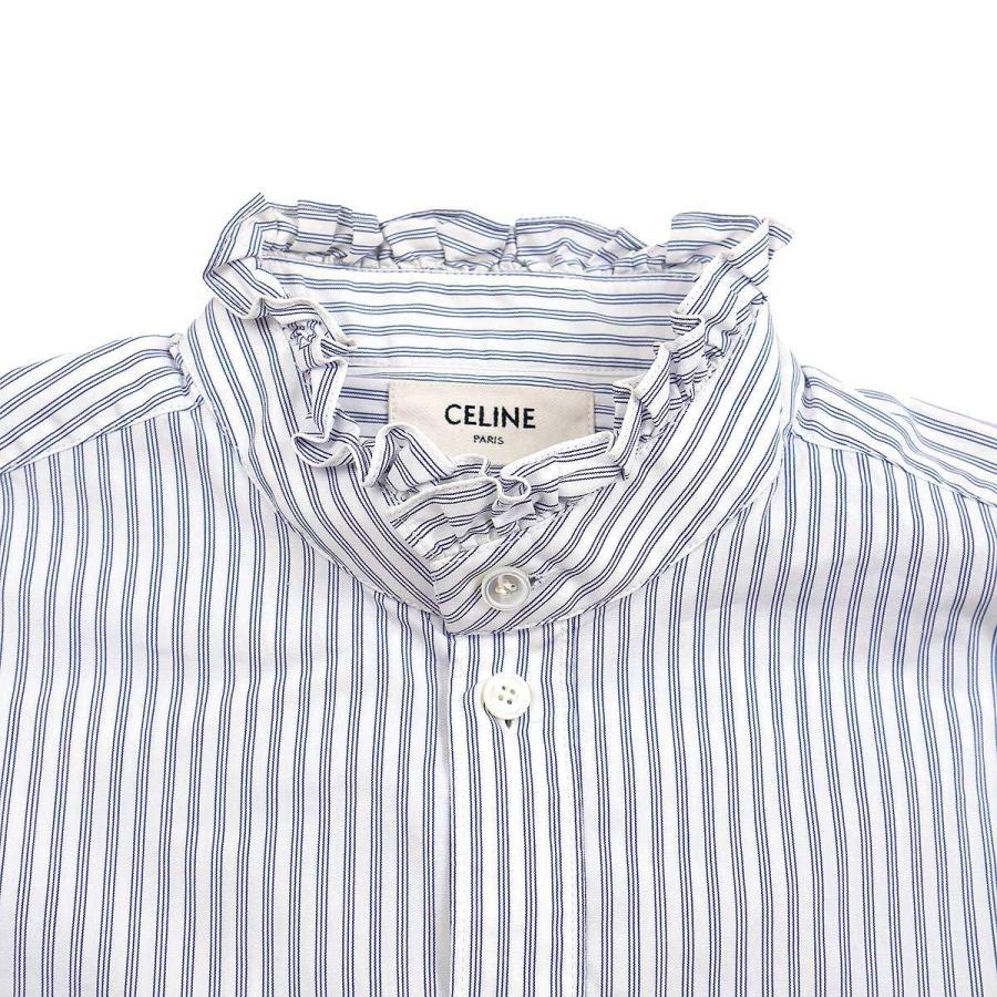 CELINE - CELINE セリーヌ トリオンフ刺繍フリルカラーストライプシャツブラウス 2C677037P ブルー ホワイト 34 CELINE セリーヌ トリオンフ刺繍フリルカラーストライプシャツ