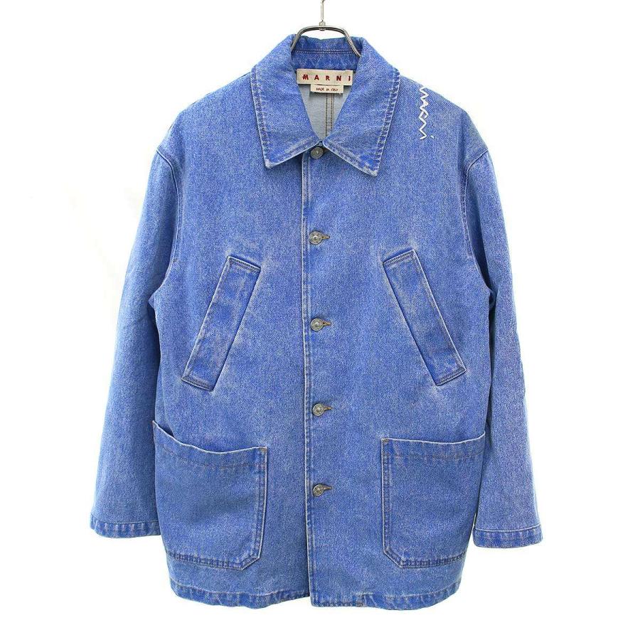 美品】MARNI ワイドジャケット ポリ×羊毛 44 ブルー 無地 小紋 夏 紗 夏用