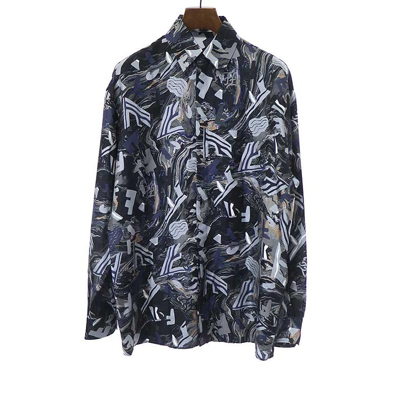 FENDI フェンディ 21AW ロゴプリント長袖シルクシャツ ネイビー 38  