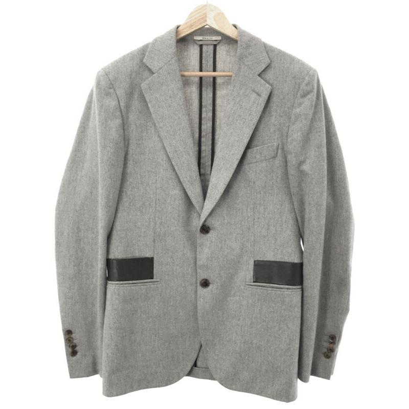 HERMES エルメス 16AW レザー切替ウール2Bテーラードジャケット グレー 