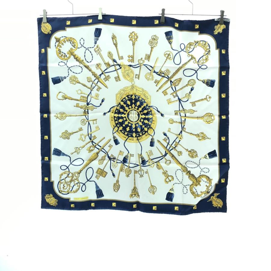 HERMES スカーフ ホワイト ブルー HERMES（エルメス） カレ90 LES CLES シルクスカーフ ホワイト ブルー