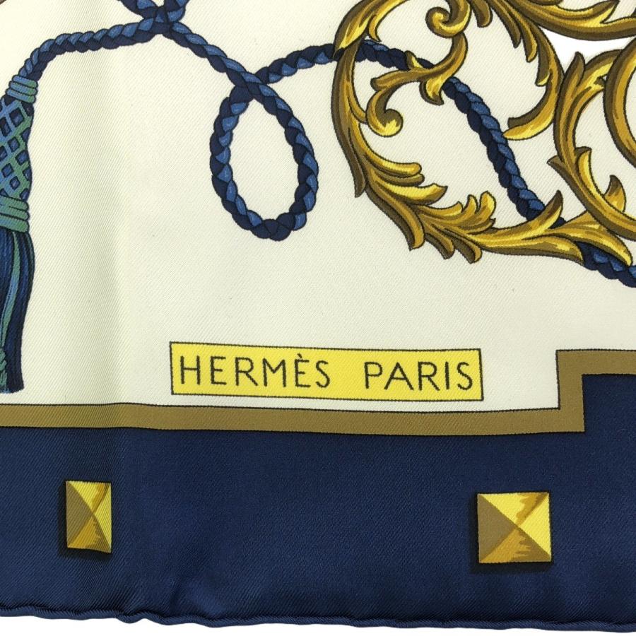 HERMES（エルメス） カレ90 LES CLES シルクスカーフ ホワイト ブルー
