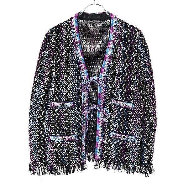 CHANEL - CHANEL シャネル 21P ココマークボタンツイードフリンジカーディガン P70494K10051 ブラック 36 CHANEL シャネル 21P ココマークボタンツイードフリンジ