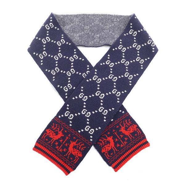 GUCCI　ニットマフラー GUCCI（グッチ） GGトナカイ柄ウールニットマフラー ネイビー