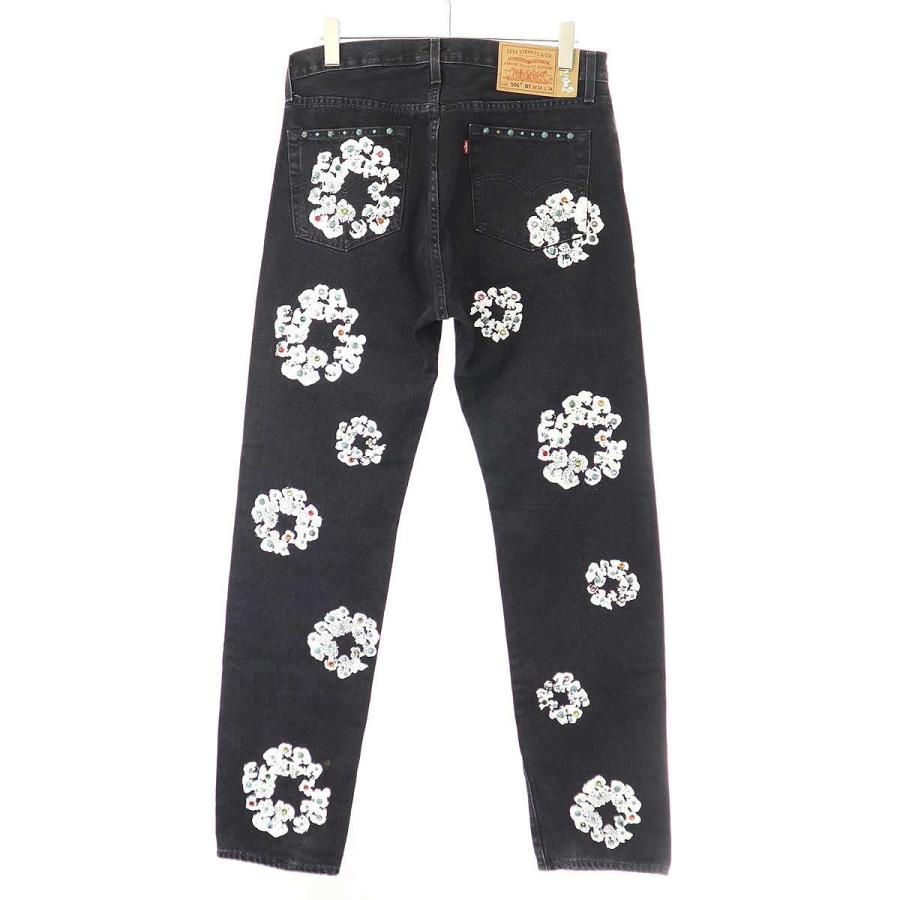 DENIMTEARS デニムパンツ ブラック 花柄プリント ストリートカジュアル DENIMTEARS デニムパンツ ブラック 花柄プリント ストリート