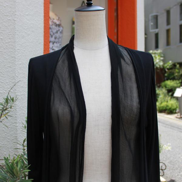 膝丈カーディガン ロング丈 襟元シルクシフォン オープンカーディ  