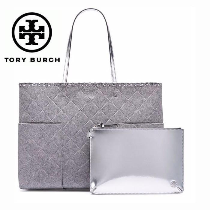 トリーバーチ バッグ ブロックT フェルト トートバッグ ポーチ付き Tory Burch BLOCK-T FELT TOTE(GRAY/SILVER) 31107 | TORY BURCH | 01