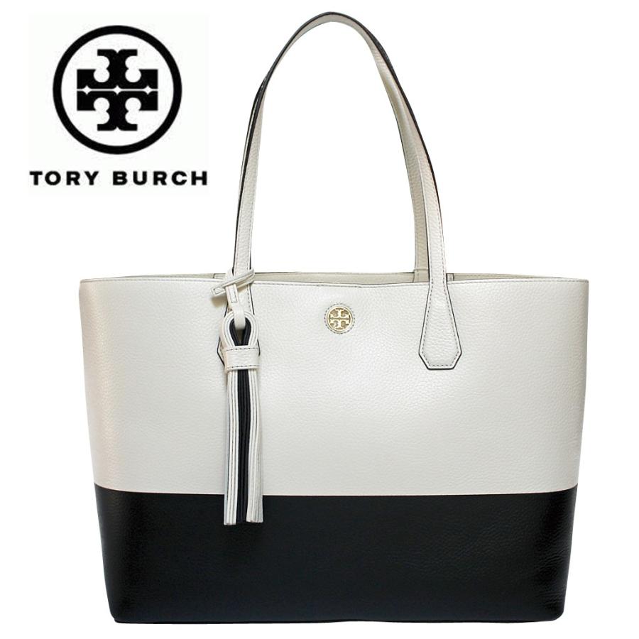 トリーバーチ バッグ レザートートバッグ Tory Burch PERRY TOTE COLOR BLOCK IVORY/BLACK｜modstore