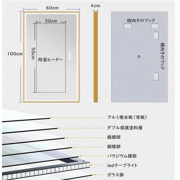 LEDミラー 洗面鏡 壁掛け鏡 全身鏡 姿見 100×60cm 防曇 曇り止め 調光
