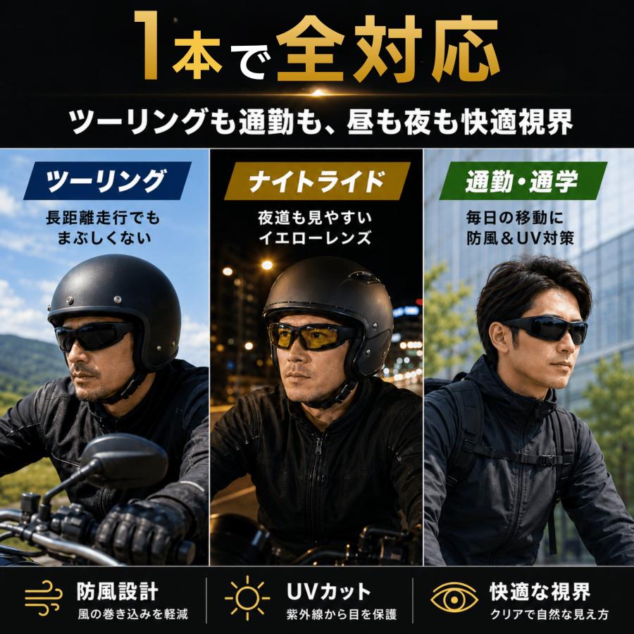 バイク用サングラス 偏光レンズ ゴーグル 4種類レンズ付き UVカット