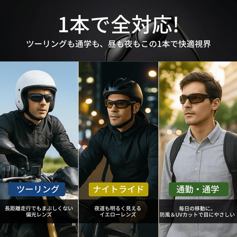 バイク用サングラス 偏光レンズ ゴーグル 4種類レンズ付き UVカット