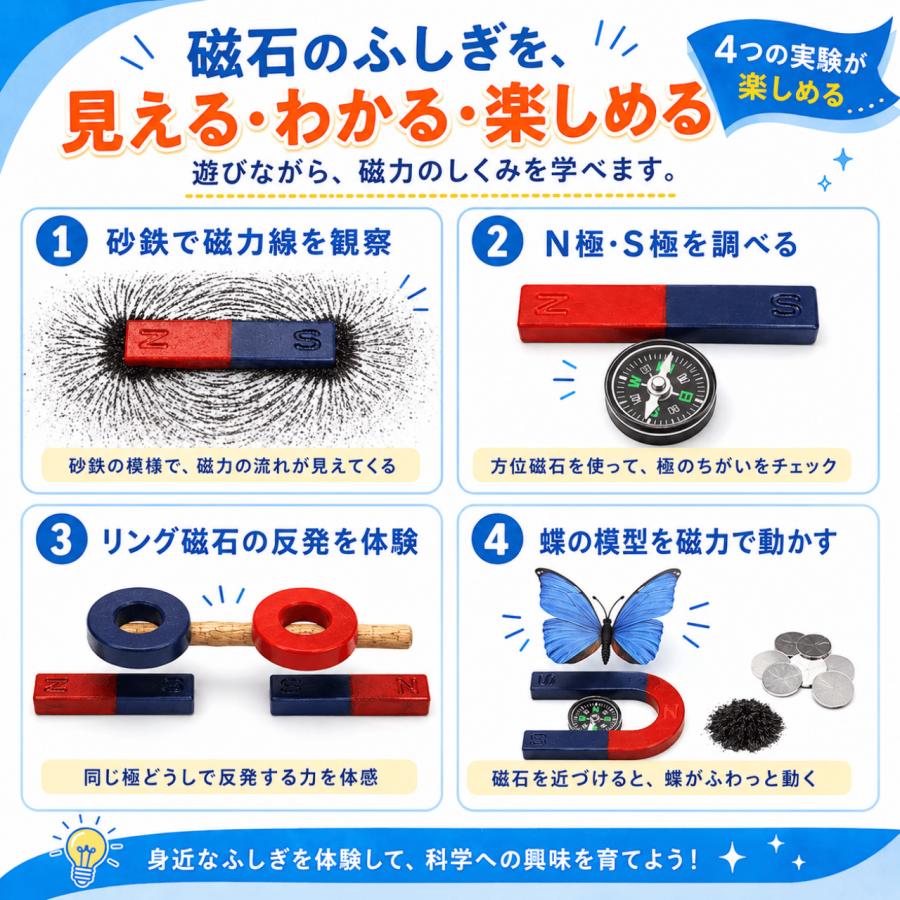 理科実験セット 自由研究に最適 磁石の実験 磁石と砂鉄の実験キット