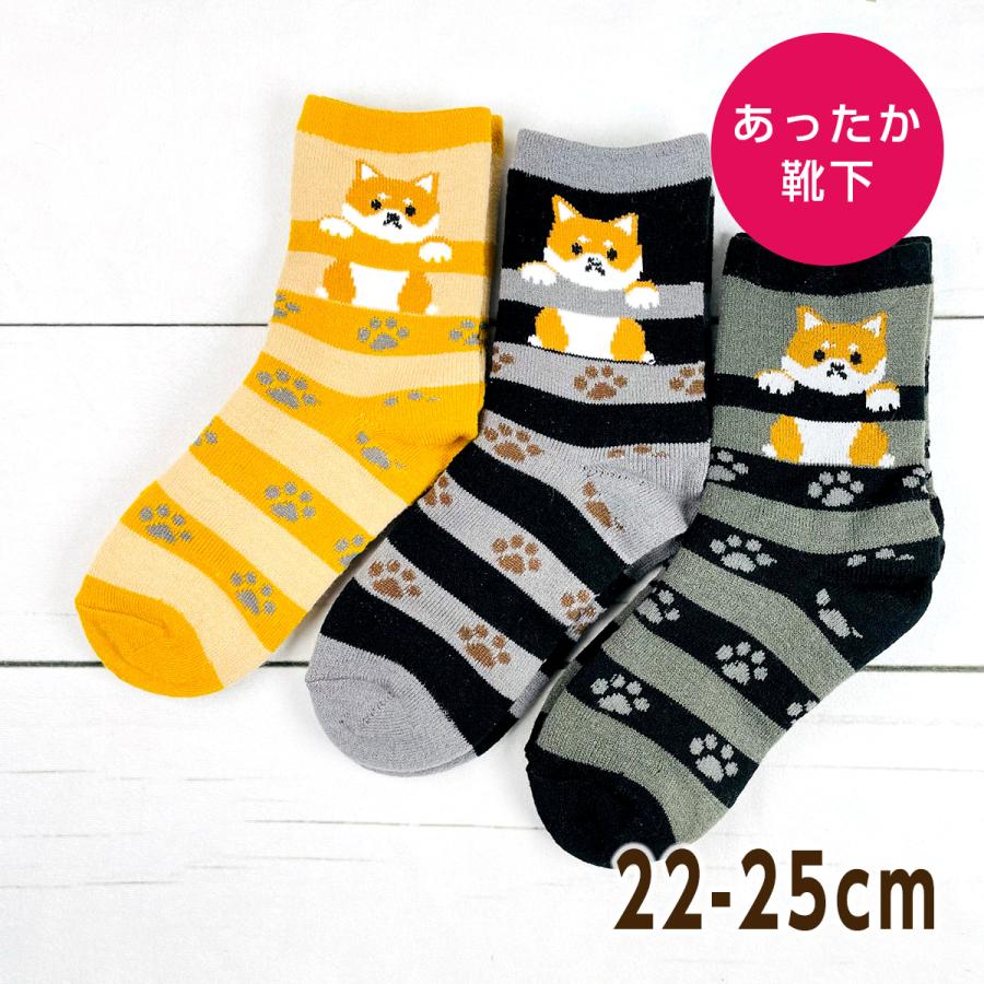 Trois Epri 柴犬＆肉球柄 2重編み裏シルク クルーソックス 22-25cm