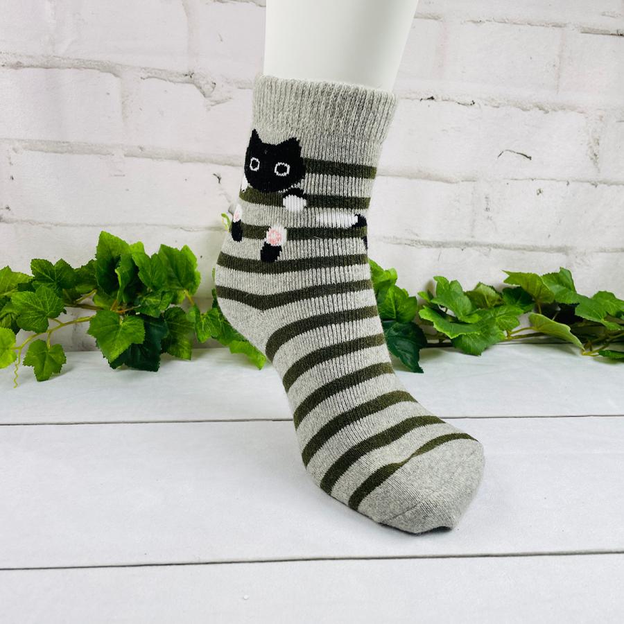桑メリヤス Rentoutoa 猫ボーダー柄 アンゴラ混 レディースソックス 23