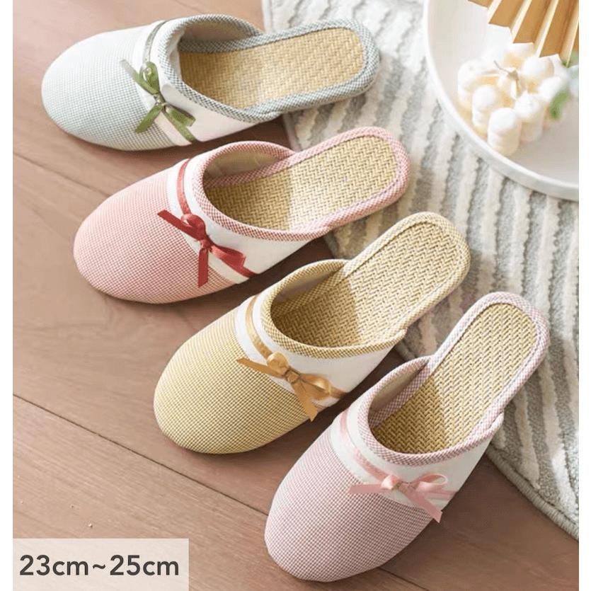 スリッパ 夏用 エレガントなヒールスリッパ リネン 前閉じタイプ リボン 女性 レデイース 蒸れない