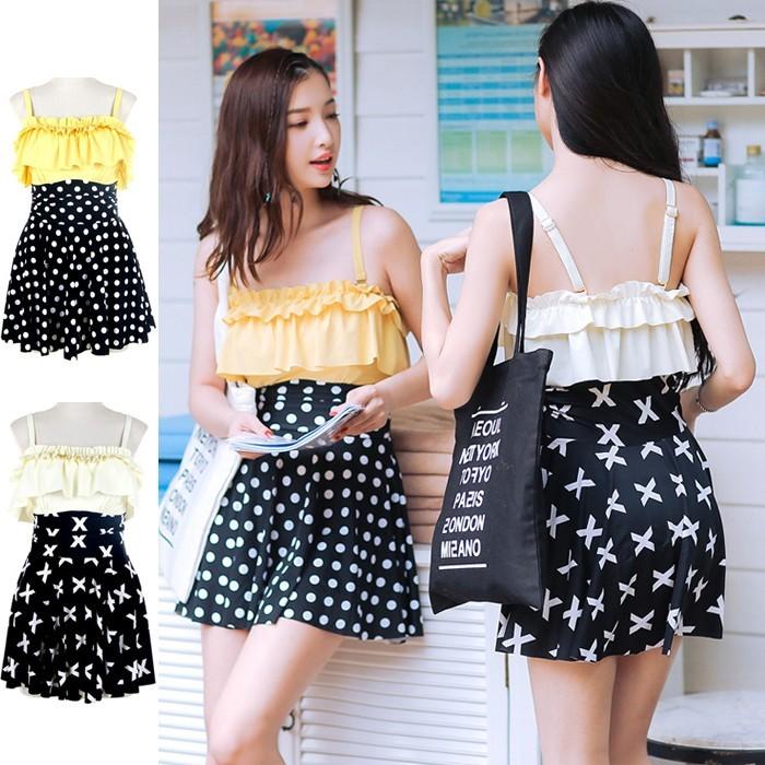 【残り僅か！】フリルワンピース水着 水着 レディース ワンピース ドット柄 クロス柄 フレア フリル ワイヤー オールインワン 体型カバー | 