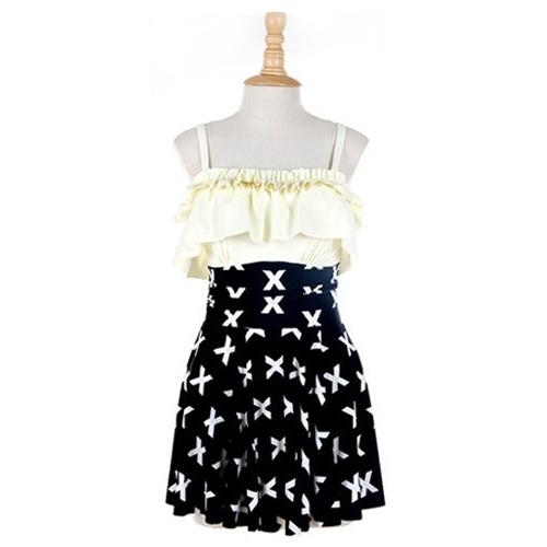 【残り僅か！】フリルワンピース水着 水着 レディース ワンピース ドット柄 クロス柄 フレア フリル ワイヤー オールインワン 体型カバー |  | 01