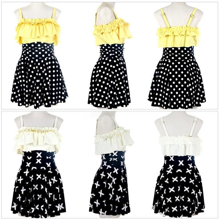 【残り僅か！】フリルワンピース水着 水着 レディース ワンピース ドット柄 クロス柄 フレア フリル ワイヤー オールインワン 体型カバー |  | 03