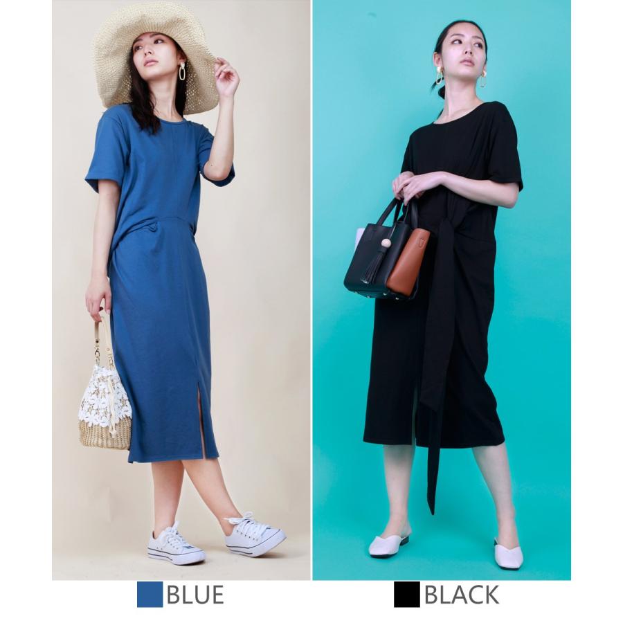 リボンスリットワンピース ワンピース レディース 膝下 半袖 Tシャツ ラフ ゆったり Uネック カジュアル 大人カジュアル Bell Bel0014a Aimoha アイモハ Yahoo 店 通販 Yahoo ショッピング