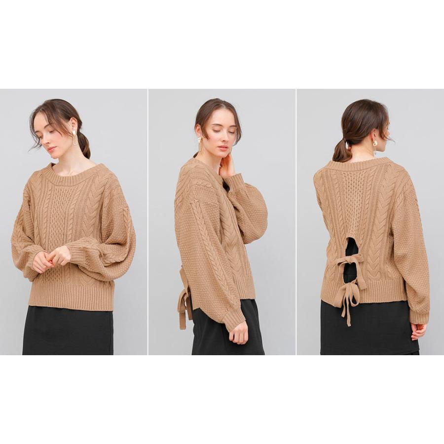 バックデザインケーブルニット ケーブルニット レディース セーター ニット 長袖 秋冬 リボン スリット ケーブル 【BELL】 |  | 19