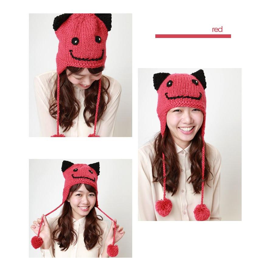 【SALE価格】ニット帽 レディース 猫耳 耳あて＆ボンボン付き |  | 02