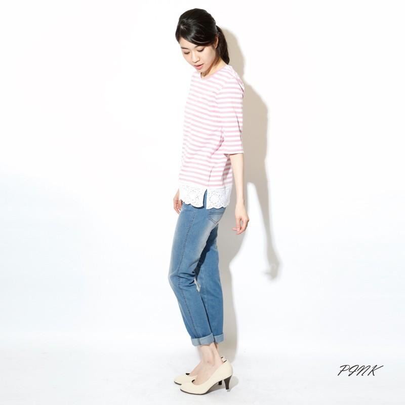 トップス ボーダー カットソー 五分袖 裾レース付きボーダカットソー |  | 02