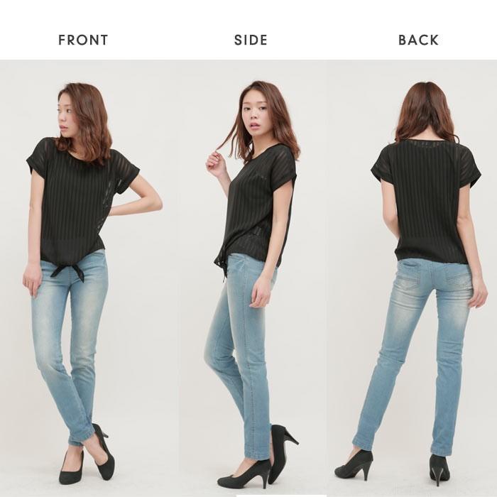 カットソー レディース シアーストライププルオーバー トップス 半袖 シースルー ストライプ リボン 透け感 夏 プルオーバー |  | 01