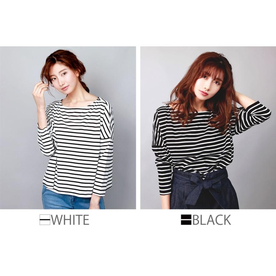 クルーネックワイドボーダートップス カットソー 肩落ち ボーダー ロンティー レディース トップス 春 秋 冬 |  | 05