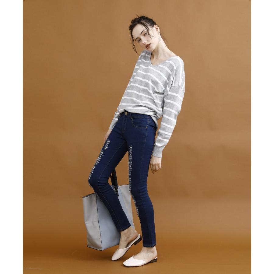 ニット 秋冬 ボーダー レディース ゆったり 体系カバー セーター トップス ライトニット 秋 Vネック 無地 |  | 03