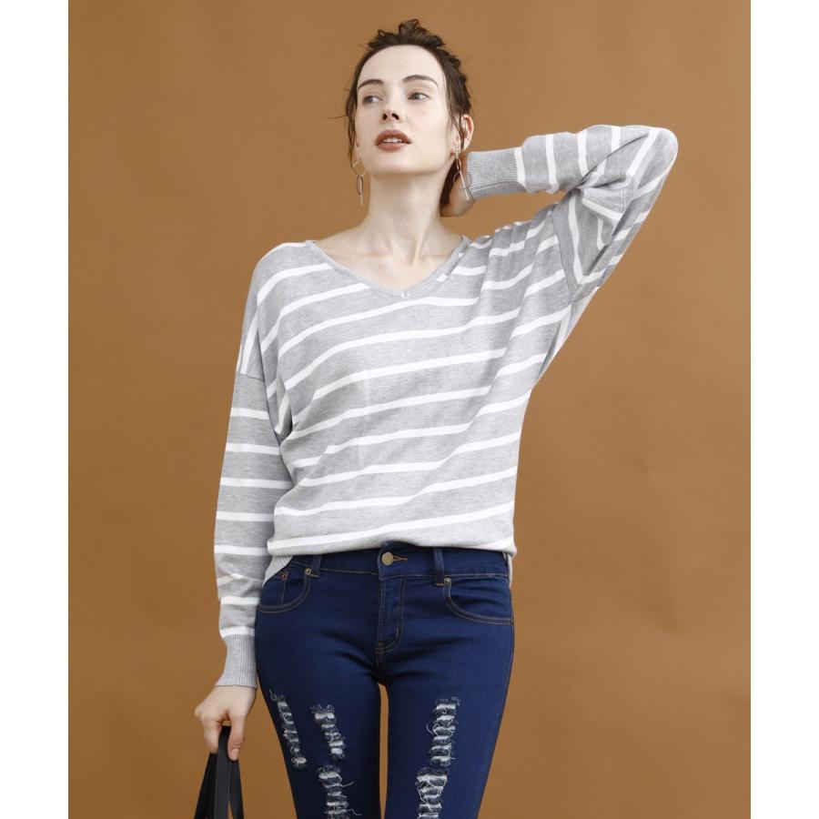 ニット 秋冬 ボーダー レディース ゆったり 体系カバー セーター トップス ライトニット 秋 Vネック 無地 |  | 04