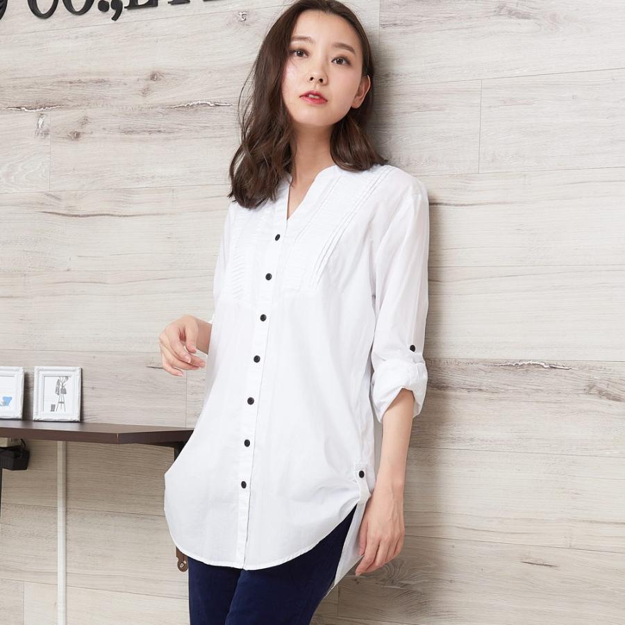 ノーカラーシャツ ブラウス コットン チュニック丈 チュニック 長袖シャツ はんぱ丈 綿 ロールアップ シャツ トップス レディース オフィス OL 通勤 春 夏 秋 冬 | 