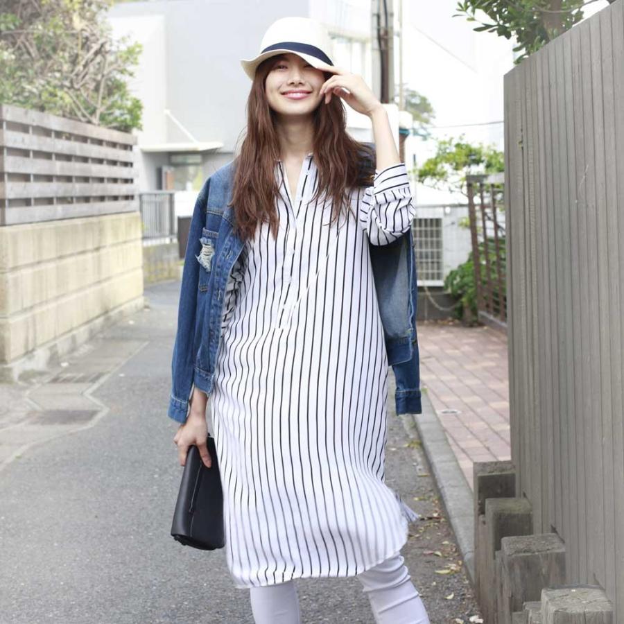 ストライプシャツワンピース 長袖 ストライプ チュニック シャツ ワンピース ロングシャツ レディース トップス 春 秋 | 