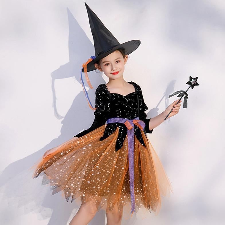 最安値に挑戦！ ハロウィンコスプレ 魔女 衣装 キッズ 魔法 ドレス 帽子付き コスチューム 子供 仮装 女の子 ワンピース 小魔女 巫女 仮装、変装 