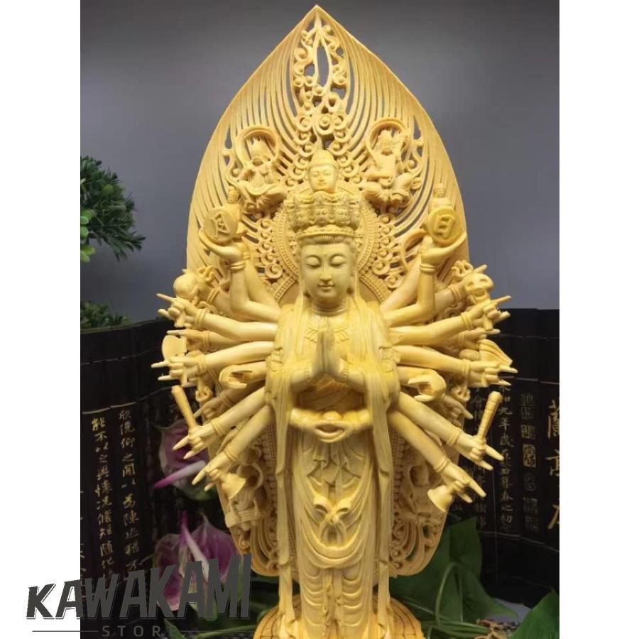 千手観音 仏像 観音像 木彫 檜 細工木彫 風水 開運 工芸品置物 家庭応接間置飾 (43*14.5*14.5)cm