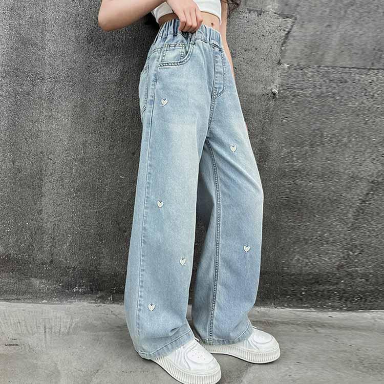 キッズ ワイドパンツ ジーンズ 薄手 刺繍 子供服 女の子 ウエストゴム かわいい デニムパンツ デニムパンツ 春夏 ゆったり ハート柄 ジーパン ボ |  | 01
