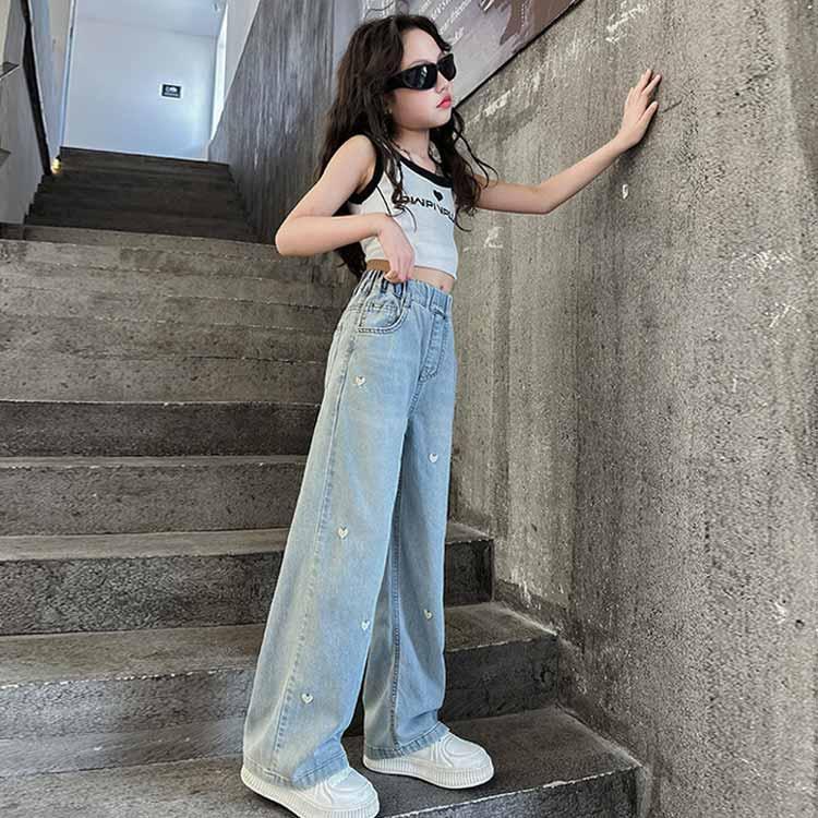 キッズ ワイドパンツ ジーンズ 薄手 刺繍 子供服 女の子 ウエストゴム かわいい デニムパンツ デニムパンツ 春夏 ゆったり ハート柄 ジーパン ボ |  | 02