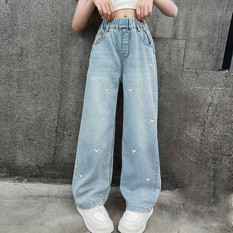 キッズ ワイドパンツ ジーンズ 薄手 刺繍 子供服 女の子 ウエストゴム かわいい デニムパンツ デニムパンツ 春夏 ゆったり ハート柄 ジーパン ボ |  | 03