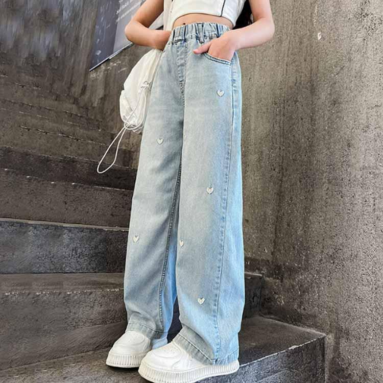 キッズ ワイドパンツ ジーンズ 薄手 刺繍 子供服 女の子 ウエストゴム かわいい デニムパンツ デニムパンツ 春夏 ゆったり ハート柄 ジーパン ボ |  | 04