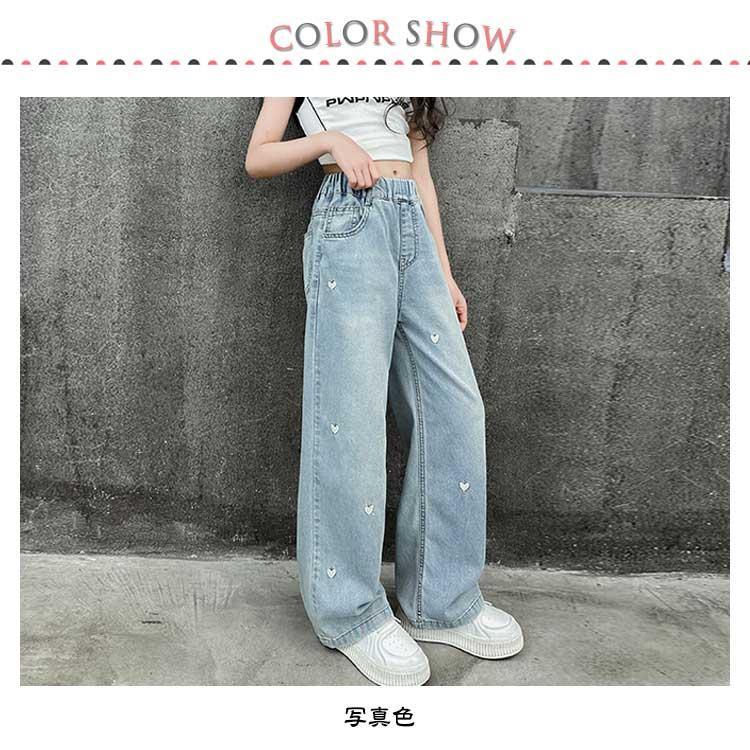 キッズ ワイドパンツ ジーンズ 薄手 刺繍 子供服 女の子 ウエストゴム かわいい デニムパンツ デニムパンツ 春夏 ゆったり ハート柄 ジーパン ボ |  | 06