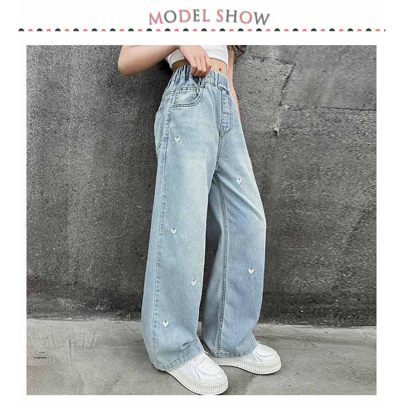 キッズ ワイドパンツ ジーンズ 薄手 刺繍 子供服 女の子 ウエストゴム かわいい デニムパンツ デニムパンツ 春夏 ゆったり ハート柄 ジーパン ボ |  | 07