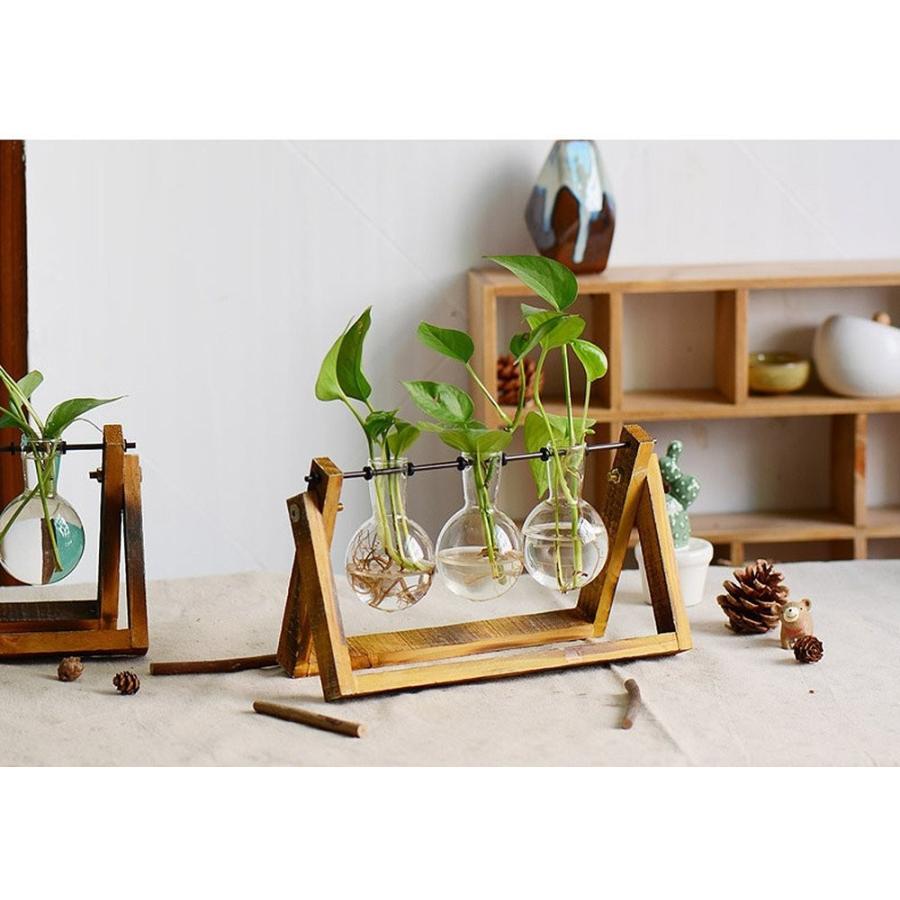 フラワーベースヴィンテージ レトロ 木製枠 フラスコ 型 ガラス 花瓶