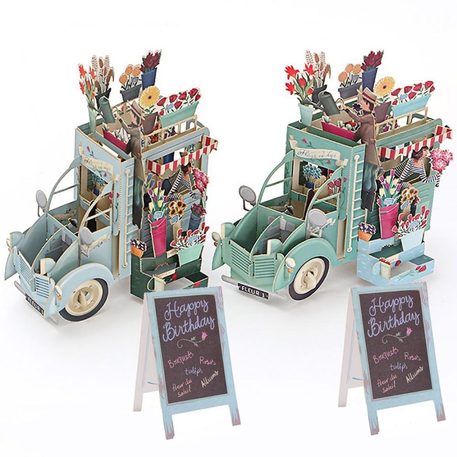 メッセージカード グリーディング 飛び出す アンティーク な販売車の花屋さん ( 立体カード+封筒×2つセット (ニュアンスブルー&アクアブルー) | 