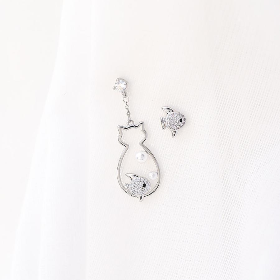 レディース ピアス ジュエリー猫 ねこ 魚 アシンメトリー 個性的