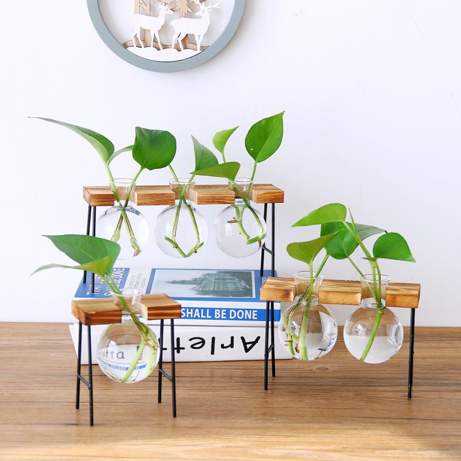 フラスコ 花瓶 一輪挿し 植木鉢 ガラス 木製フレーム おしゃれ