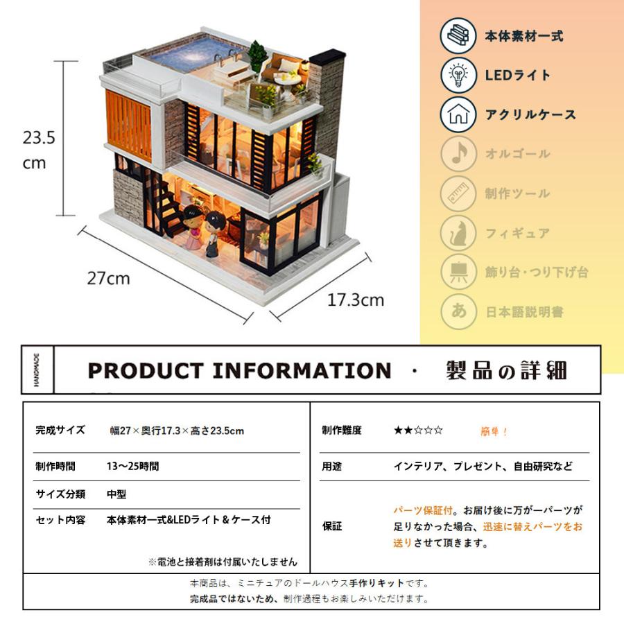 1/24  ドールハウス ミニチュア 手作りキット  英語説明書 モダン 二階建て プール おしゃれ フィレンツェ LEDライト+アクリルケース｜moin-moin｜03